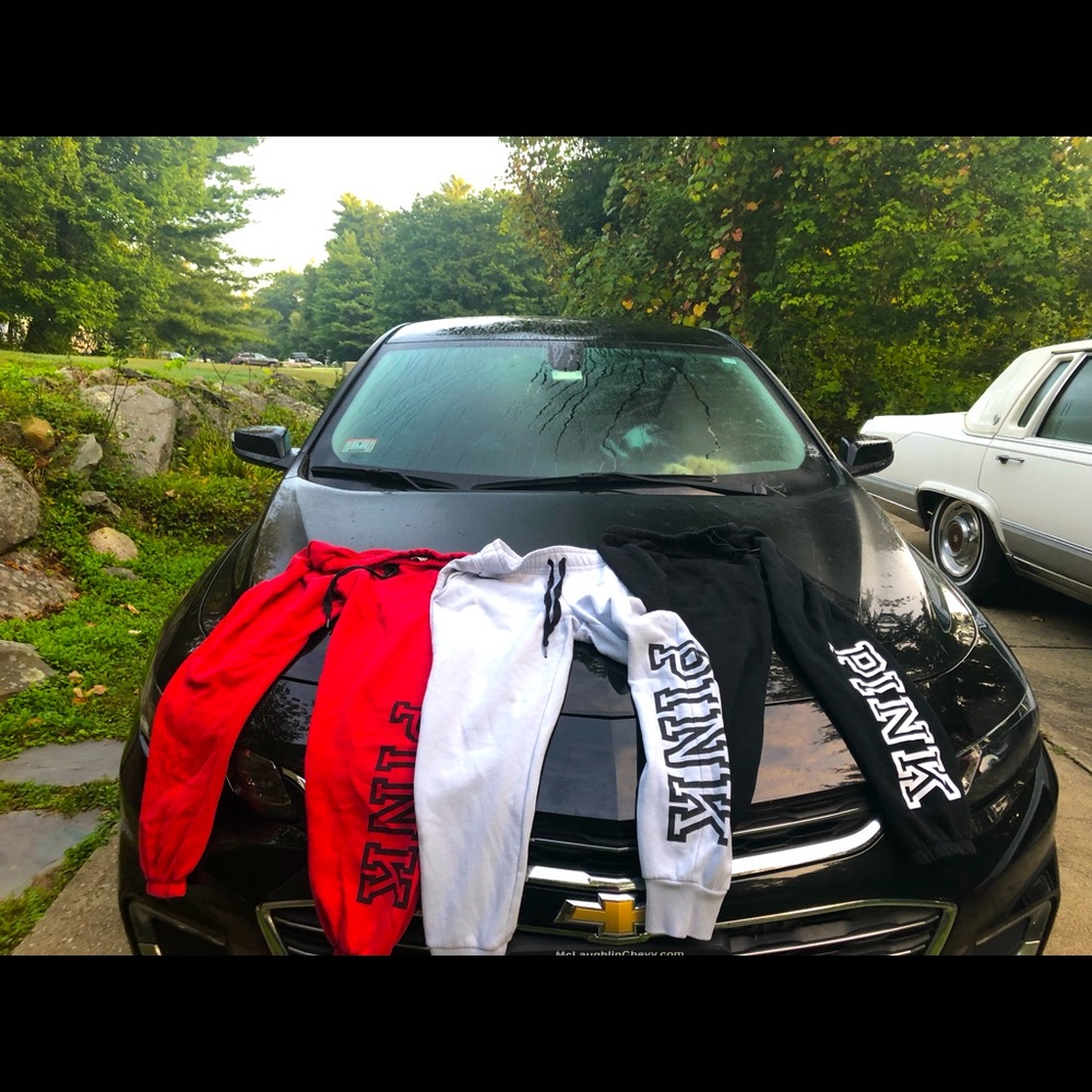 3 pairs of PINK sweats, red, baby blue and black, sizes M and S